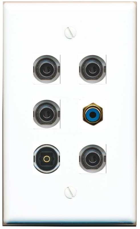  4 3.5mm RCA-BLUE TOSLINK Flat/Solid Wall Plate [White]