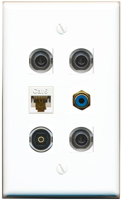  3 3.5mm CAT6 RCA-BLUE TOSLINK Flat/Solid Wall Plate [White]