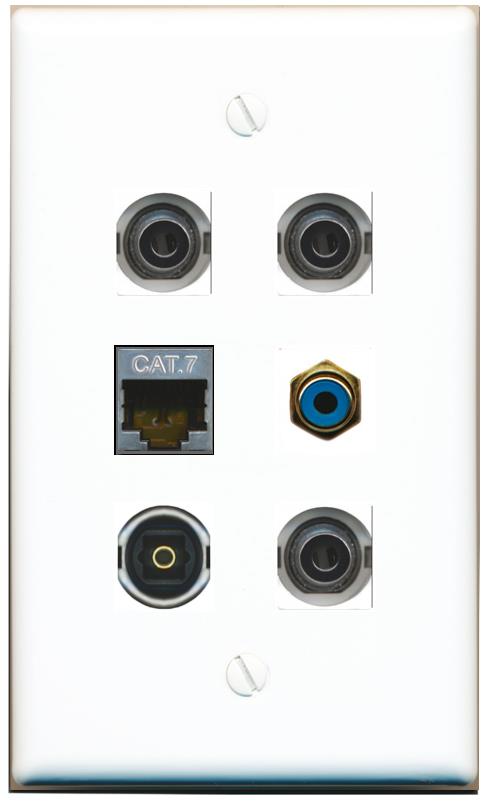  3 3.5mm CAT7 RCA-BLUE TOSLINK Flat/Solid Wall Plate [White]