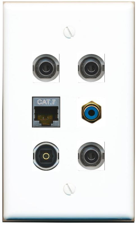  3 3.5mm CAT7 RCA-BLUE TOSLINK Flat/Solid Wall Plate [White]