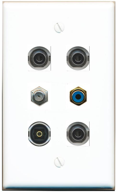  3 3.5mm COAX RCA-BLUE TOSLINK Flat/Solid Wall Plate [White]