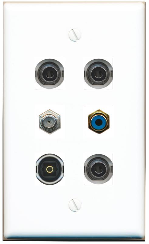  3 3.5mm COAX RCA-BLUE TOSLINK Flat/Solid Wall Plate [White]