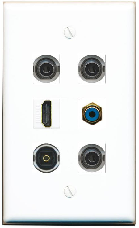  3 3.5mm HDMI RCA-BLUE TOSLINK Flat/Solid Wall Plate [White]