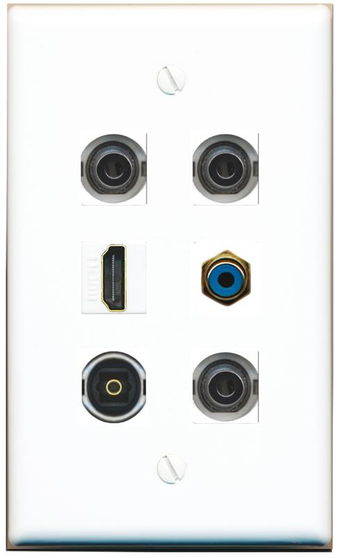  3 3.5mm HDMI RCA-BLUE TOSLINK Flat/Solid Wall Plate [White]