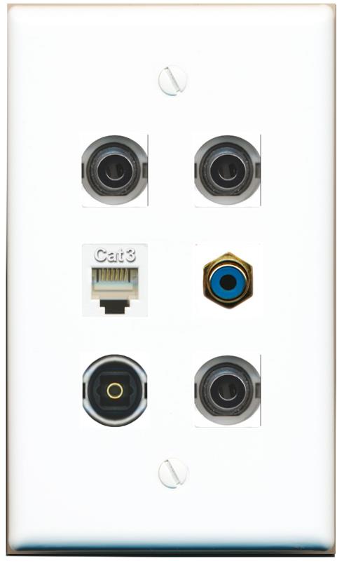  3 3.5mm PHONE RCA-BLUE TOSLINK Flat/Solid Wall Plate [White]