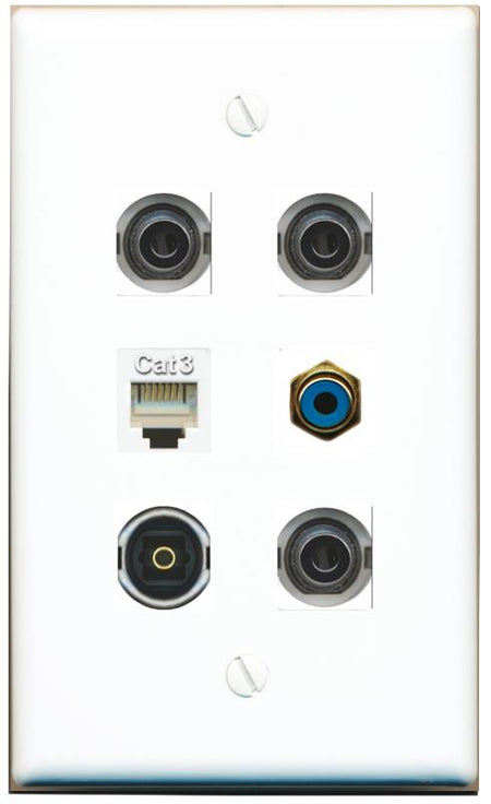  3 3.5mm PHONE RCA-BLUE TOSLINK Flat/Solid Wall Plate [White]