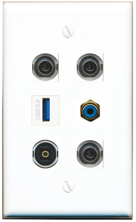  3 3.5mm RCA-BLUE TOSLINK USB-3 Flat/Solid Wall Plate [White]