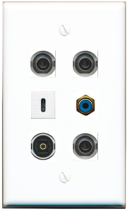  3 3.5mm RCA-BLUE TOSLINK USBC Flat/Solid Wall Plate [White]