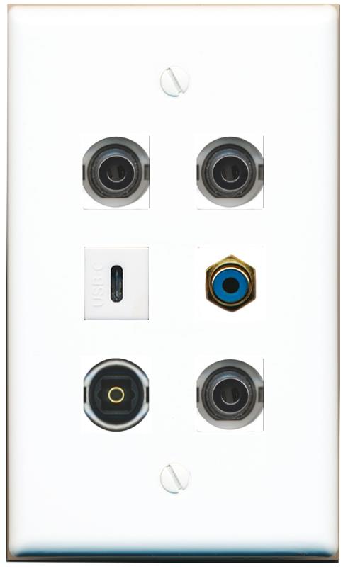  3 3.5mm RCA-BLUE TOSLINK USBC Flat/Solid Wall Plate [White]