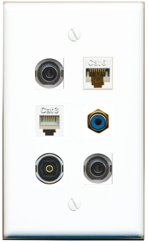  2 3.5mm CAT6 PHONE RCA-BLUE TOSLINK Flat/Solid Wall Plate [White]