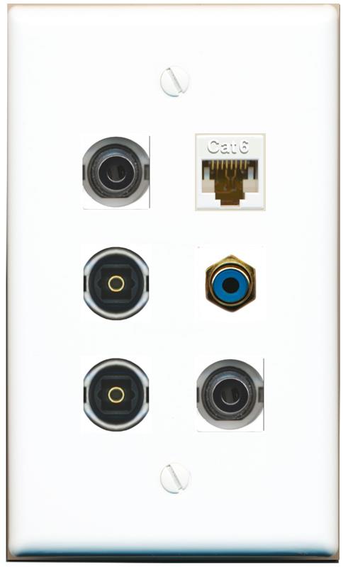  2 3.5mm CAT6 RCA-BLUE 2 TOSLINK Flat/Solid Wall Plate [White]