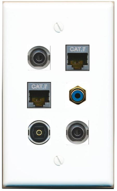  2 3.5mm 2 CAT7 RCA-BLUE TOSLINK Flat/Solid Wall Plate [White]