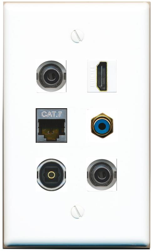  2 3.5mm CAT7 HDMI RCA-BLUE TOSLINK Flat/Solid Wall Plate [White]
