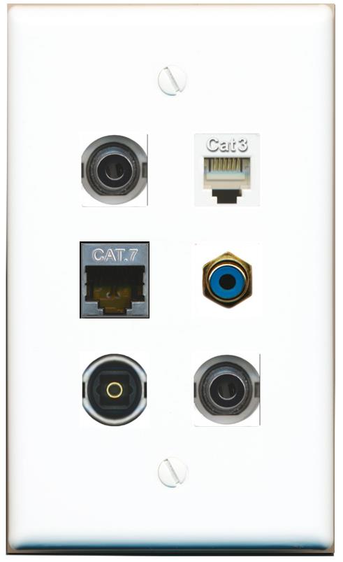  2 3.5mm CAT7 PHONE RCA-BLUE TOSLINK Flat/Solid Wall Plate [White]