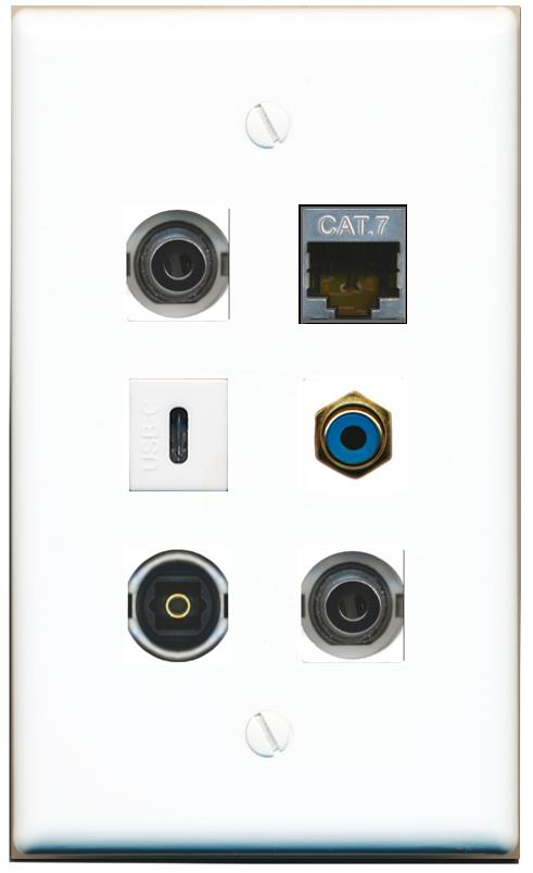  2 3.5mm CAT7 RCA-BLUE TOSLINK USBC Flat/Solid Wall Plate [White]