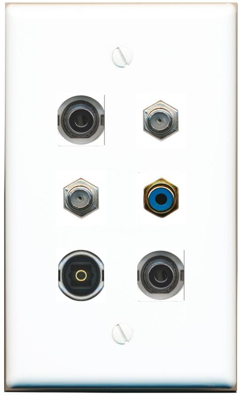  2 3.5mm 2 COAX RCA-BLUE TOSLINK Flat/Solid Wall Plate [White]