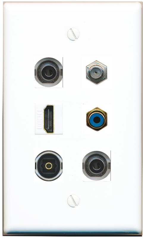  2 3.5mm COAX HDMI RCA-BLUE TOSLINK Flat/Solid Wall Plate [White]