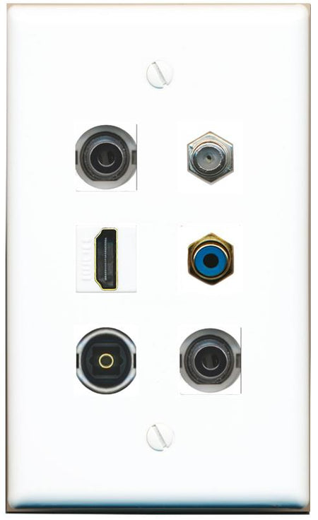  2 3.5mm COAX HDMI RCA-BLUE TOSLINK Flat/Solid Wall Plate [White]
