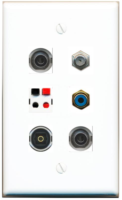  2 3.5mm COAX RCA-BLUE SPEAKER TOSLINK Flat/Solid Wall Plate [White]