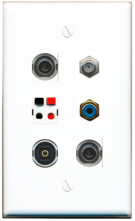  2 3.5mm COAX RCA-BLUE SPEAKER TOSLINK Flat/Solid Wall Plate [White]