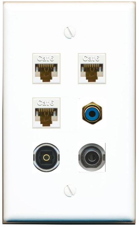  3.5mm 3 CAT6 RCA-BLUE TOSLINK Flat/Solid Wall Plate [White]