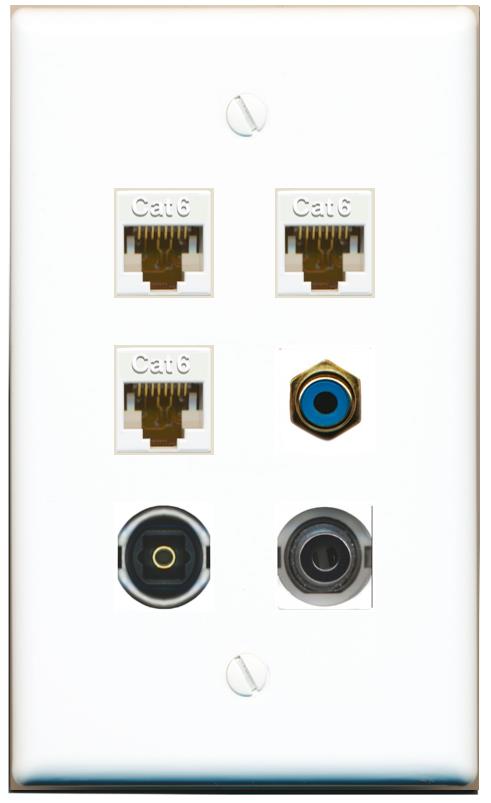  3.5mm 3 CAT6 RCA-BLUE TOSLINK Flat/Solid Wall Plate [White]