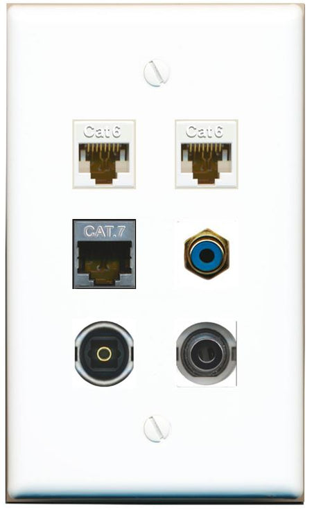  3.5mm 2 CAT6 CAT7 RCA-BLUE TOSLINK Flat/Solid Wall Plate [White]
