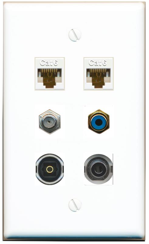  3.5mm 2 CAT6 COAX RCA-BLUE TOSLINK Flat/Solid Wall Plate [White]