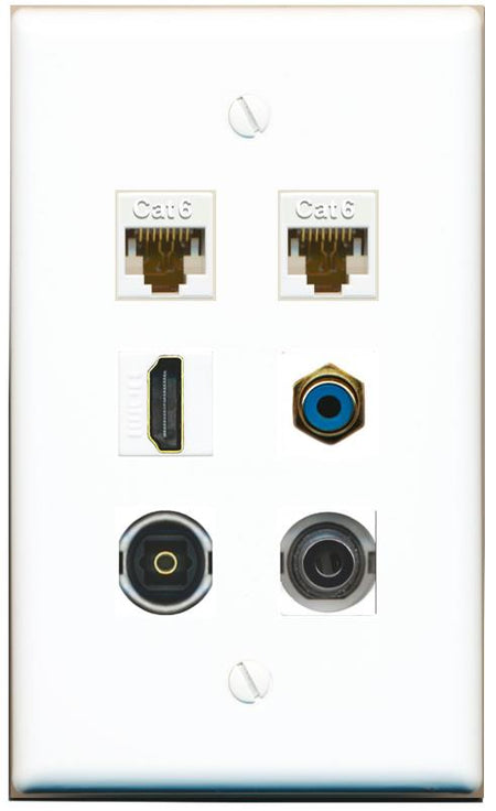  3.5mm 2 CAT6 HDMI RCA-BLUE TOSLINK Flat/Solid Wall Plate [White]