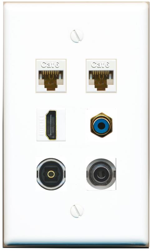  3.5mm 2 CAT6 HDMI RCA-BLUE TOSLINK Flat/Solid Wall Plate [White]