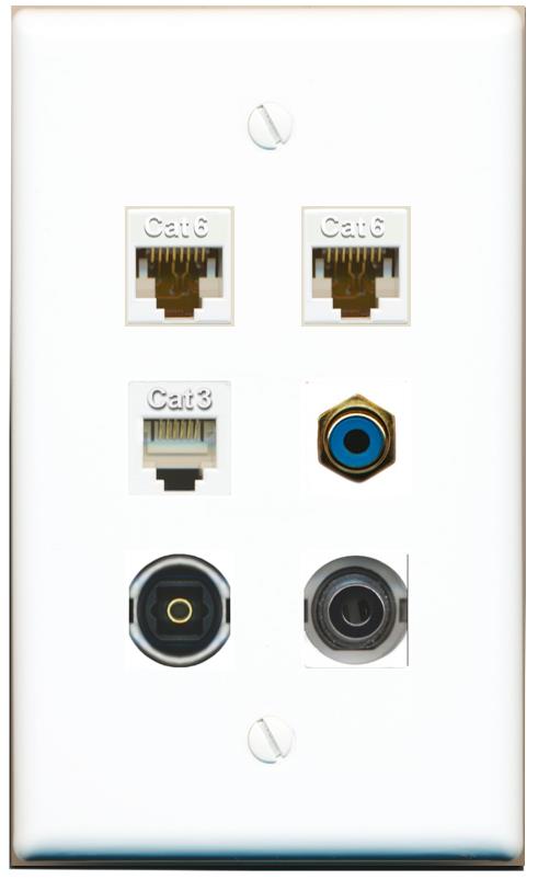  3.5mm 2 CAT6 PHONE RCA-BLUE TOSLINK Flat/Solid Wall Plate [White]