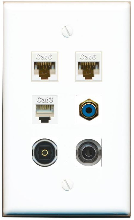  3.5mm 2 CAT6 PHONE RCA-BLUE TOSLINK Flat/Solid Wall Plate [White]