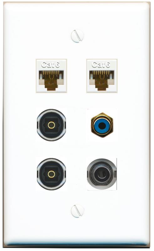  3.5mm 2 CAT6 RCA-BLUE 2 TOSLINK Flat/Solid Wall Plate [White]