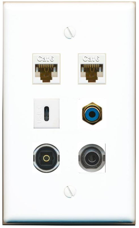  3.5mm 2 CAT6 RCA-BLUE TOSLINK USBC Flat/Solid Wall Plate [White]