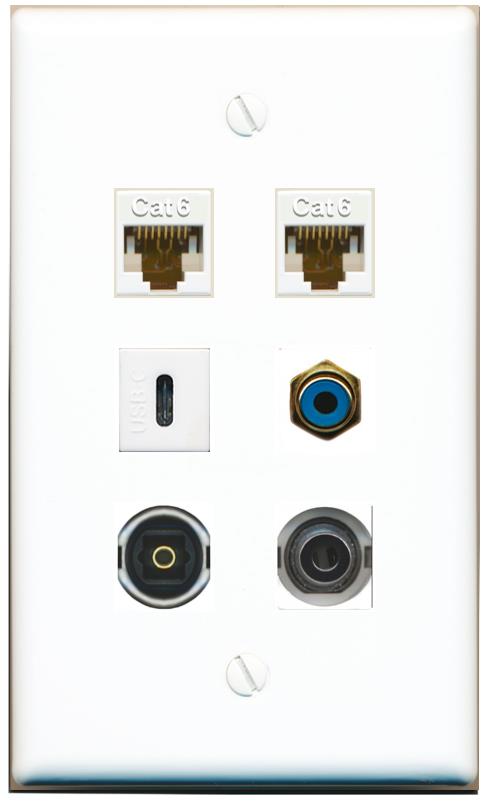  3.5mm 2 CAT6 RCA-BLUE TOSLINK USBC Flat/Solid Wall Plate [White]