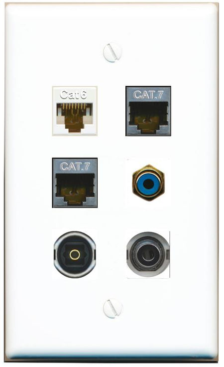  3.5mm CAT6 2 CAT7 RCA-BLUE TOSLINK Flat/Solid Wall Plate [White]