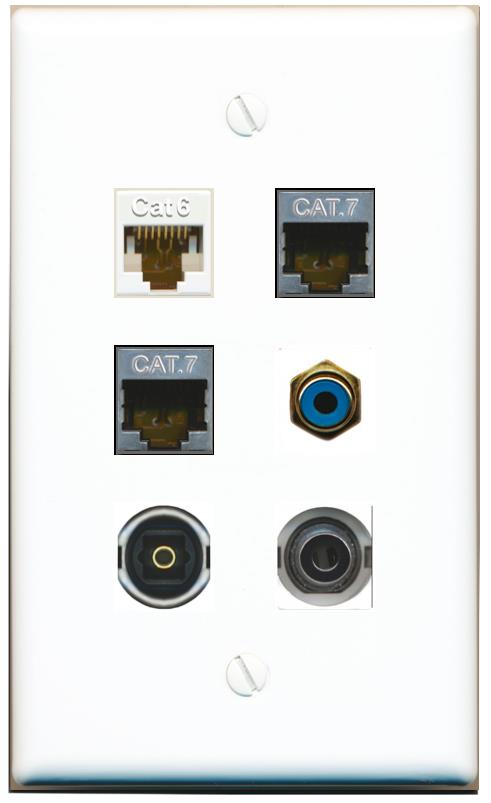  3.5mm CAT6 2 CAT7 RCA-BLUE TOSLINK Flat/Solid Wall Plate [White]