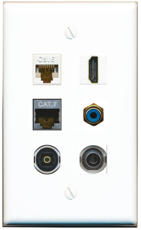  3.5mm CAT6 CAT7 HDMI RCA-BLUE TOSLINK Flat/Solid Wall Plate [White]