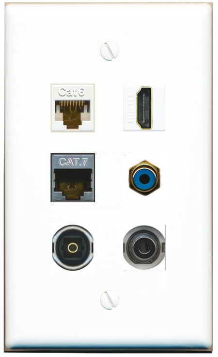  3.5mm CAT6 CAT7 HDMI RCA-BLUE TOSLINK Flat/Solid Wall Plate [White]