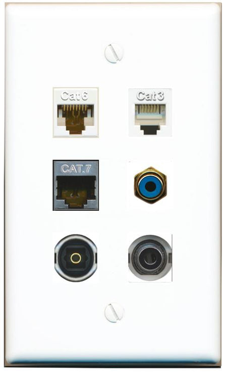 3.5mm CAT6 CAT7 PHONE RCA-BLUE TOSLINK Flat/Solid Wall Plate [White]