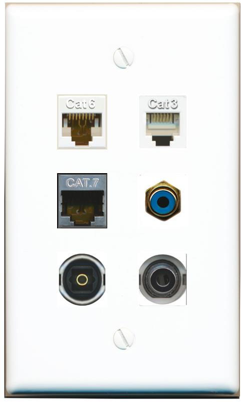  3.5mm CAT6 CAT7 PHONE RCA-BLUE TOSLINK Flat/Solid Wall Plate [White]