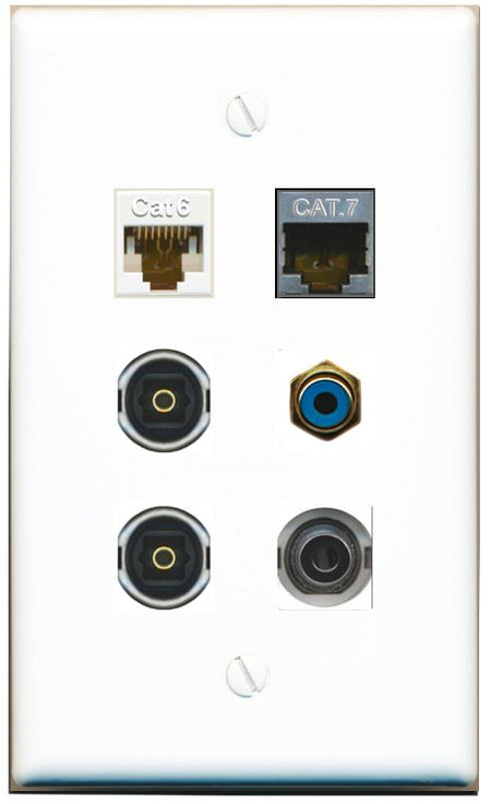  3.5mm CAT6 CAT7 RCA-BLUE 2 TOSLINK Flat/Solid Wall Plate [White]