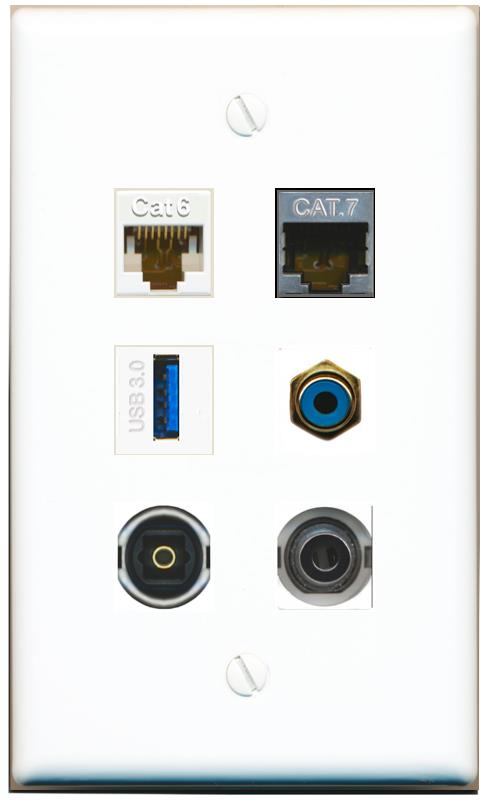  3.5mm CAT6 CAT7 RCA-BLUE TOSLINK USB-3 Flat/Solid Wall Plate [White]