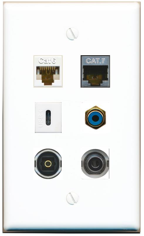  3.5mm CAT6 CAT7 RCA-BLUE TOSLINK USBC Flat/Solid Wall Plate [White]