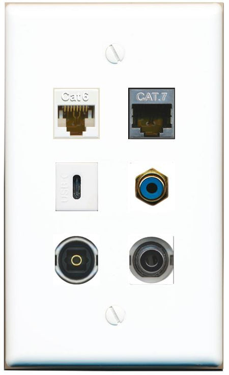  3.5mm CAT6 CAT7 RCA-BLUE TOSLINK USBC Flat/Solid Wall Plate [White]