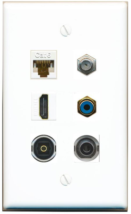  3.5mm CAT6 COAX HDMI RCA-BLUE TOSLINK Flat/Solid Wall Plate [White]