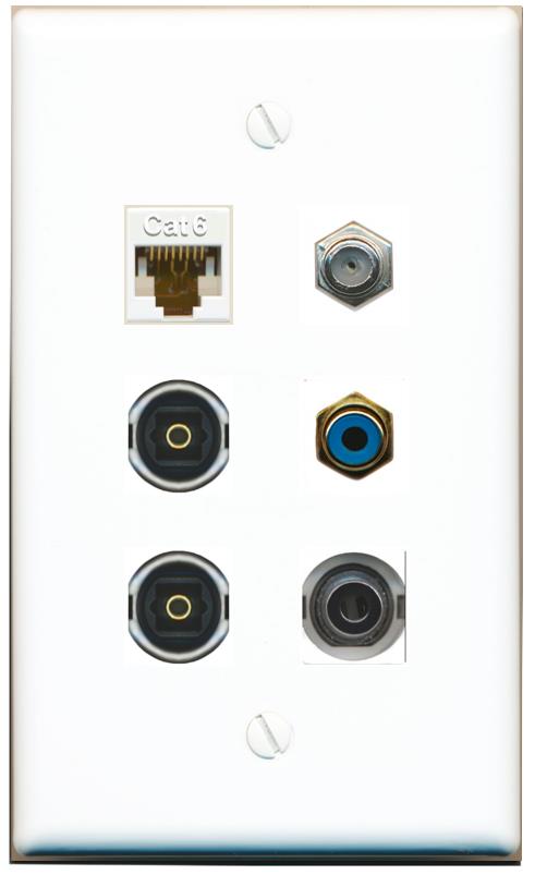  3.5mm CAT6 COAX RCA-BLUE 2 TOSLINK Flat/Solid Wall Plate [White]