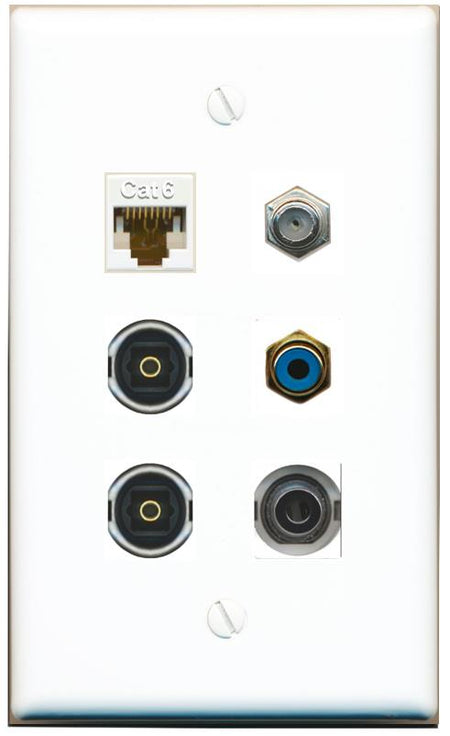  3.5mm CAT6 COAX RCA-BLUE 2 TOSLINK Flat/Solid Wall Plate [White]