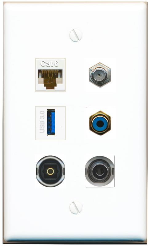 3.5mm CAT6 COAX RCA-BLUE TOSLINK USB-3 Flat/Solid Wall Plate [White]