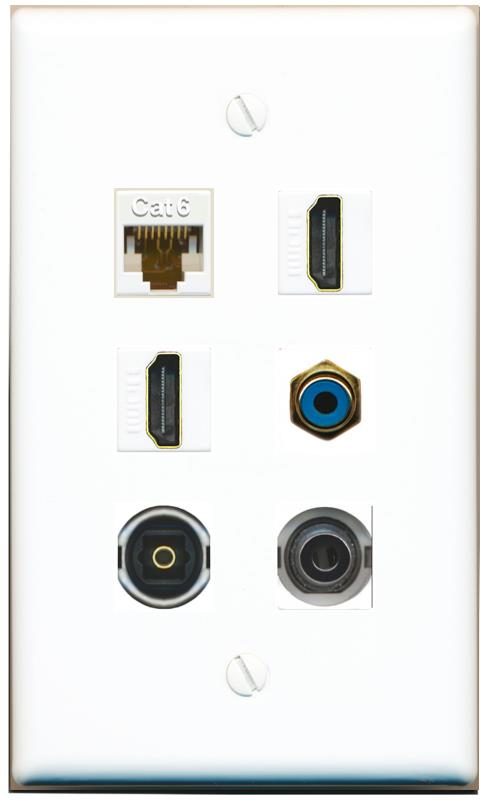  3.5mm CAT6 2 HDMI RCA-BLUE TOSLINK Flat/Solid Wall Plate [White]